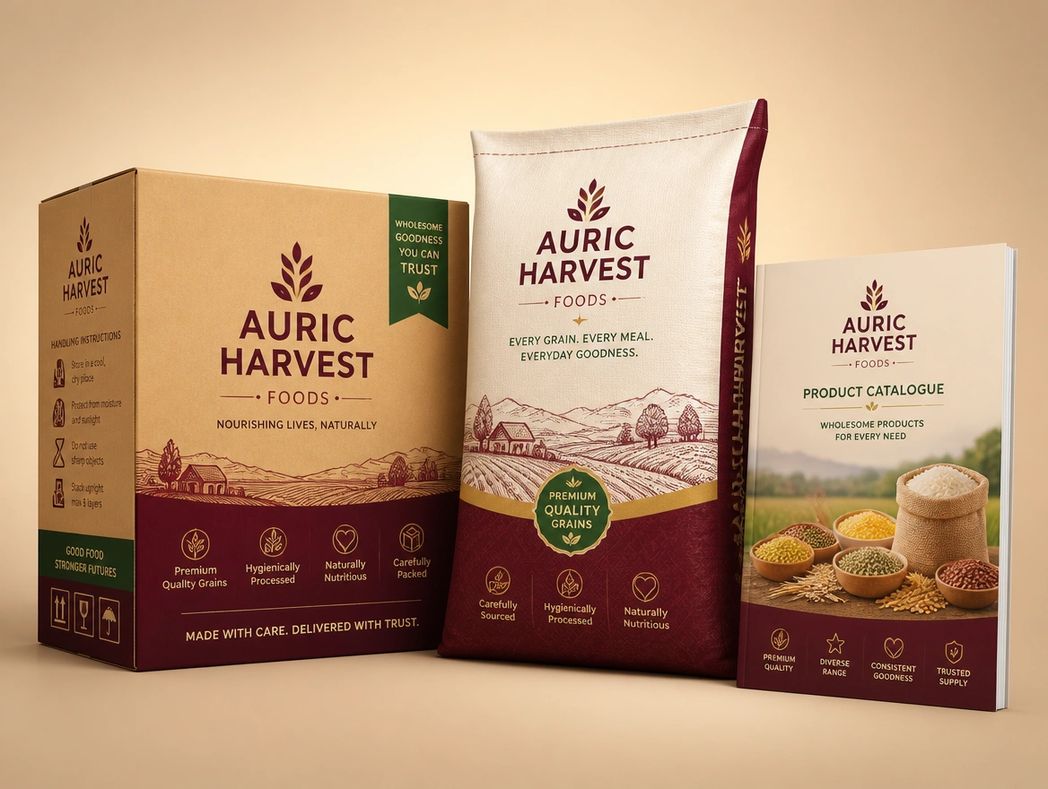A shipping carton, a product sack and a catalogue cover for one food manufacturer laid out together