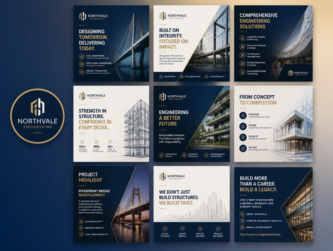 Nine social post templates in a grid beside a matching profile image for an engineering firm
