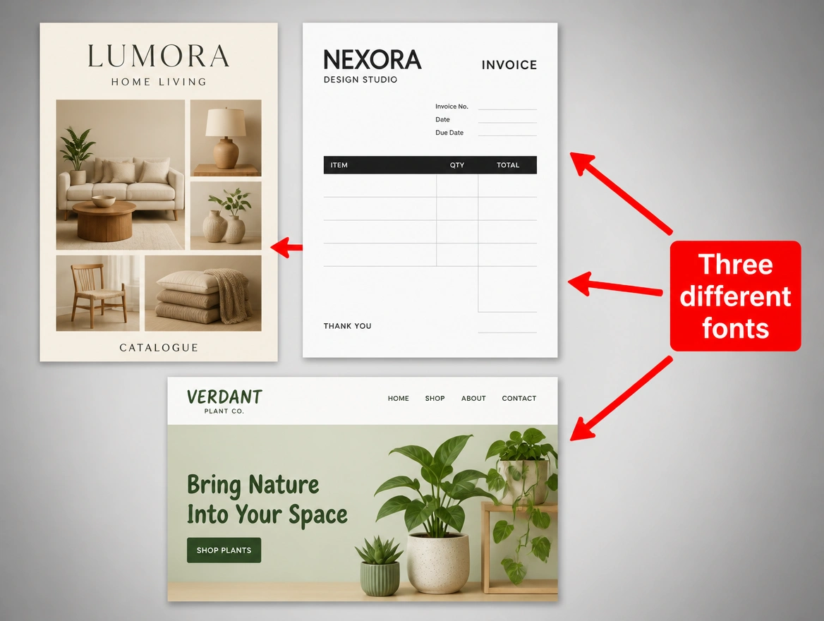 A website, a document and a profile from one business each using a different look, arrowed in red