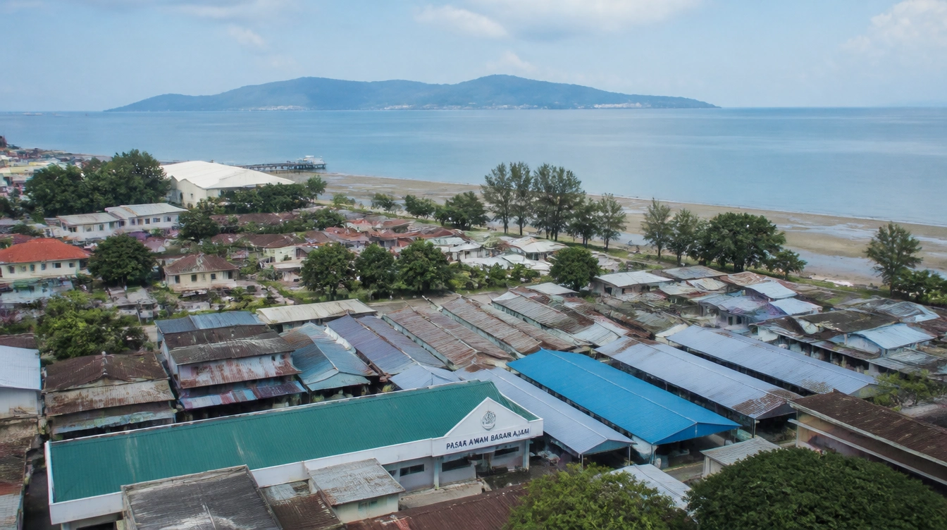 An overview of Bagan Ajam in Butterworth with the morning market, housing and the beach along the channel