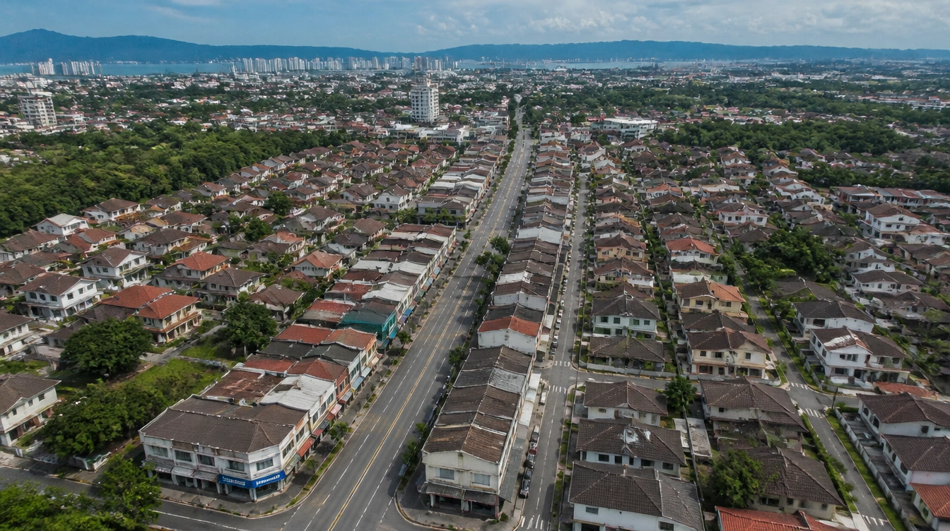 An overview of Raja Uda in Butterworth with landed housing and the shoplot rows along the main road