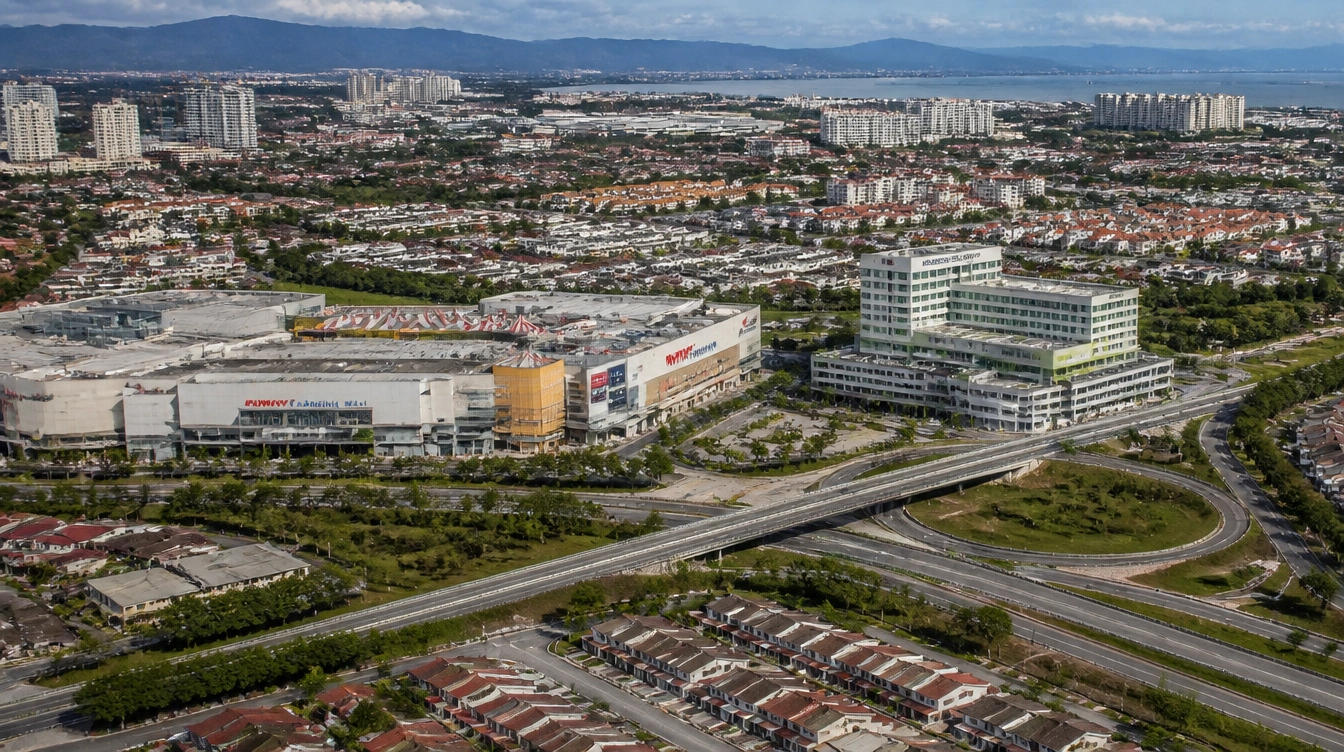 An overview of Seberang Jaya in Penang with the shopping mall, the hospital and housing around the highway
