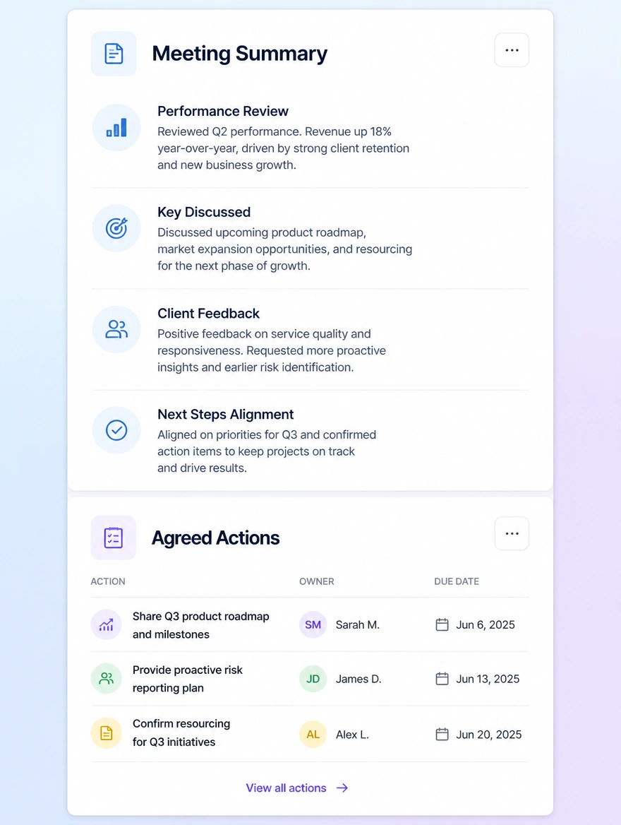 A client account with a meeting summary and the actions agreed