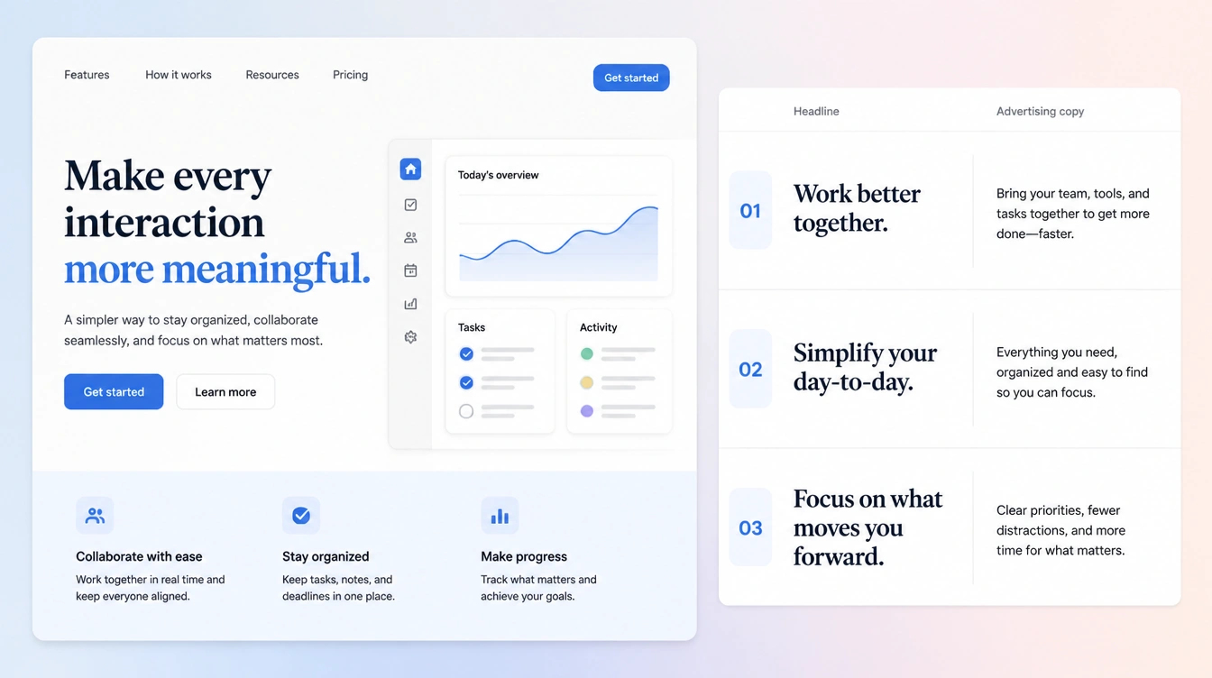 A landing page draft beside ad copy variations and a headline list
