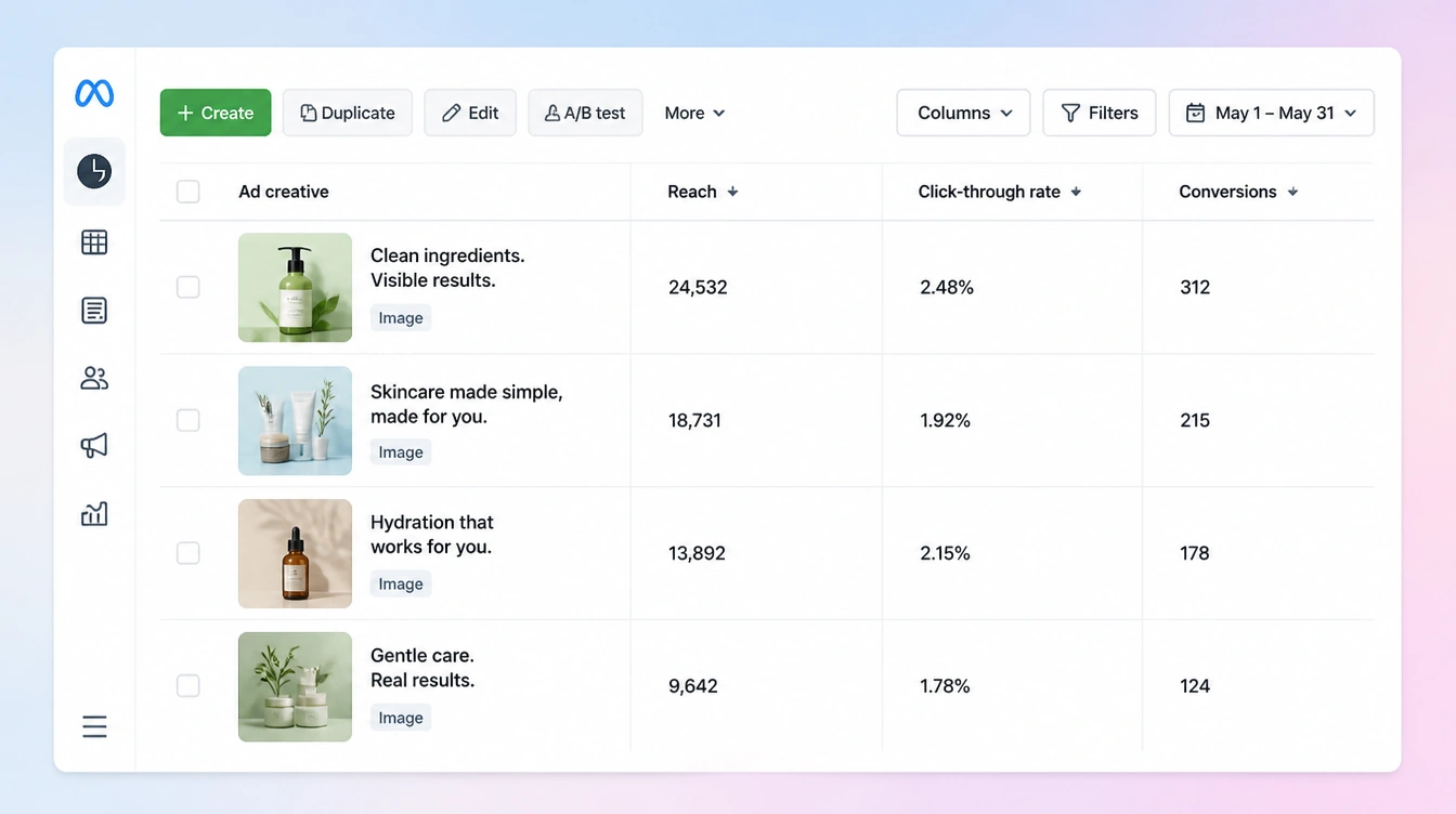 A Meta Ads Manager screen with creative variations and results by ad set