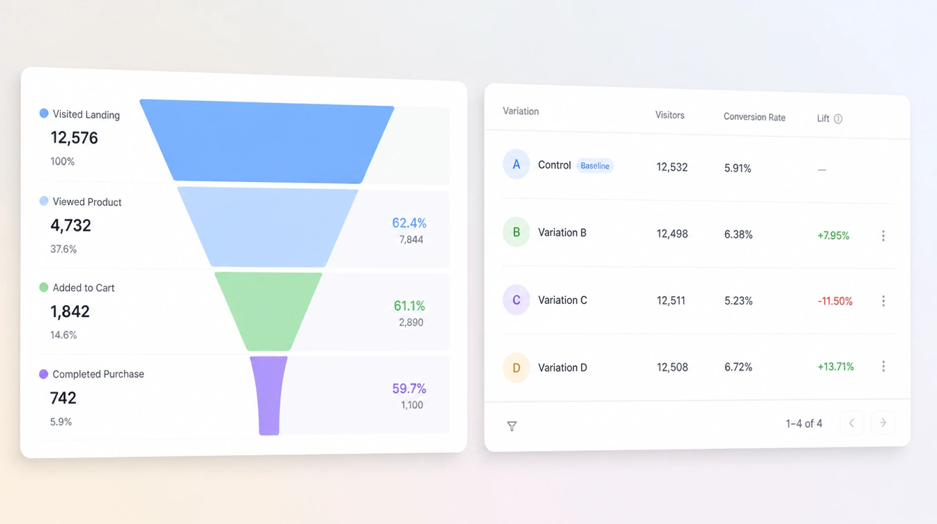 A funnel drop-off chart beside an experiment board and a landing page variant