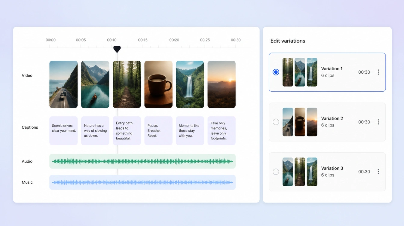A video editing timeline with captioned vertical clips and a variation list