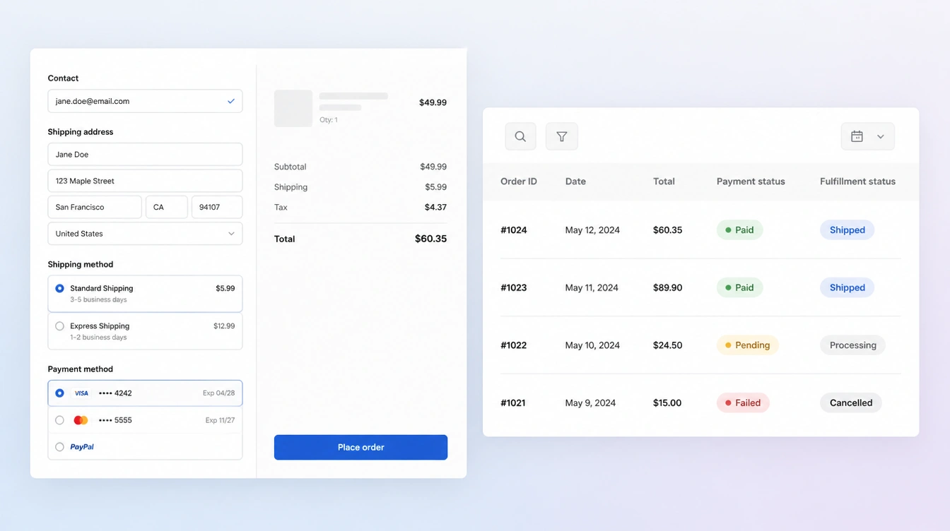 An online store checkout screen beside an orders and products dashboard
