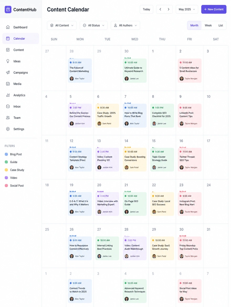 Content calendar showing articles scheduled across the month