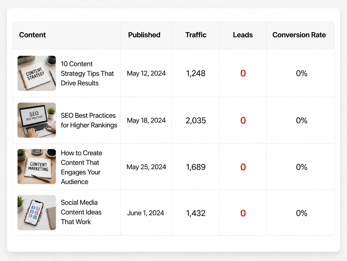 A content report where every article shows zero leads