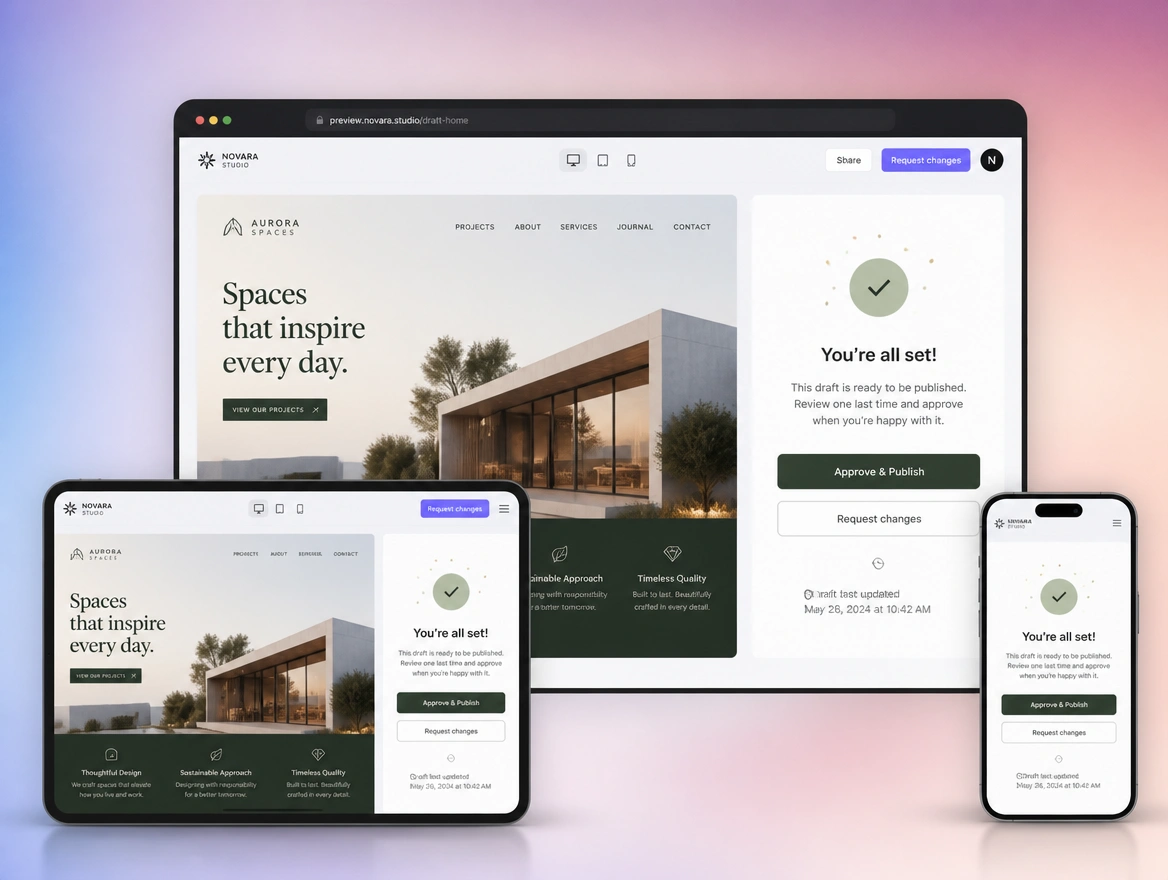 Website mockup showing approval before publishing