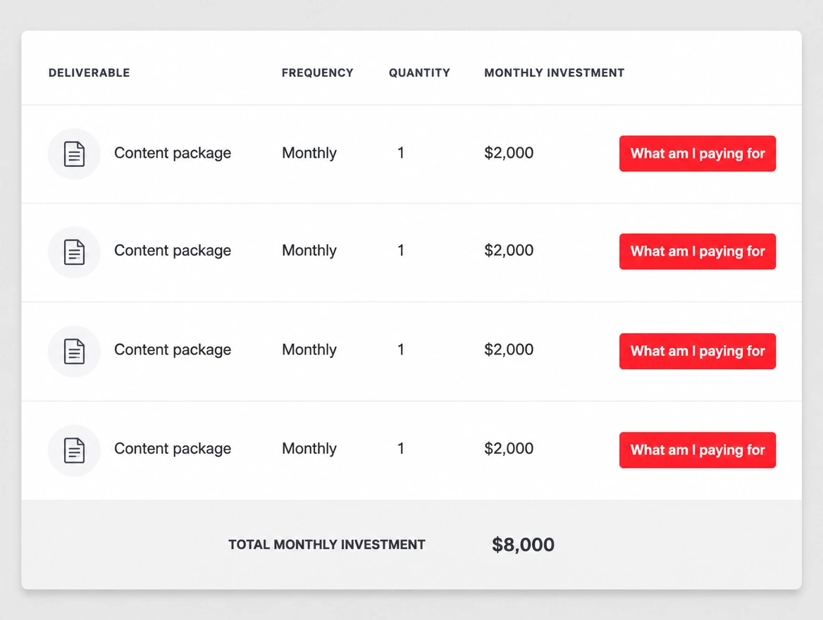 A retainer summary where every line just reads content package