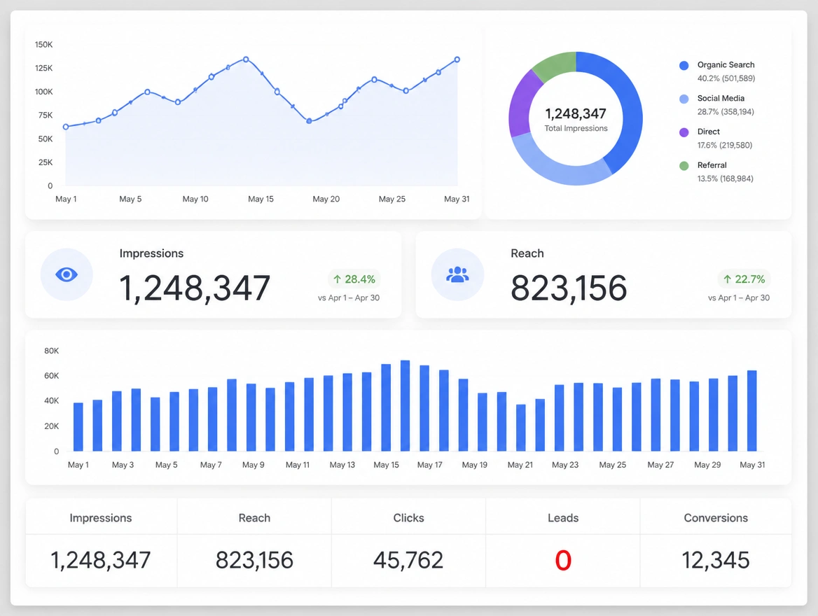 An agency report full of impressions with a leads row reading zero