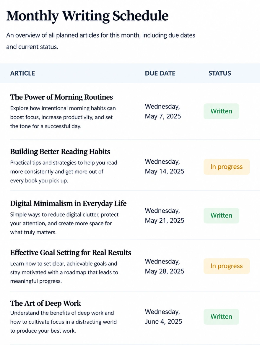 A monthly writing schedule listing each article with a due date
