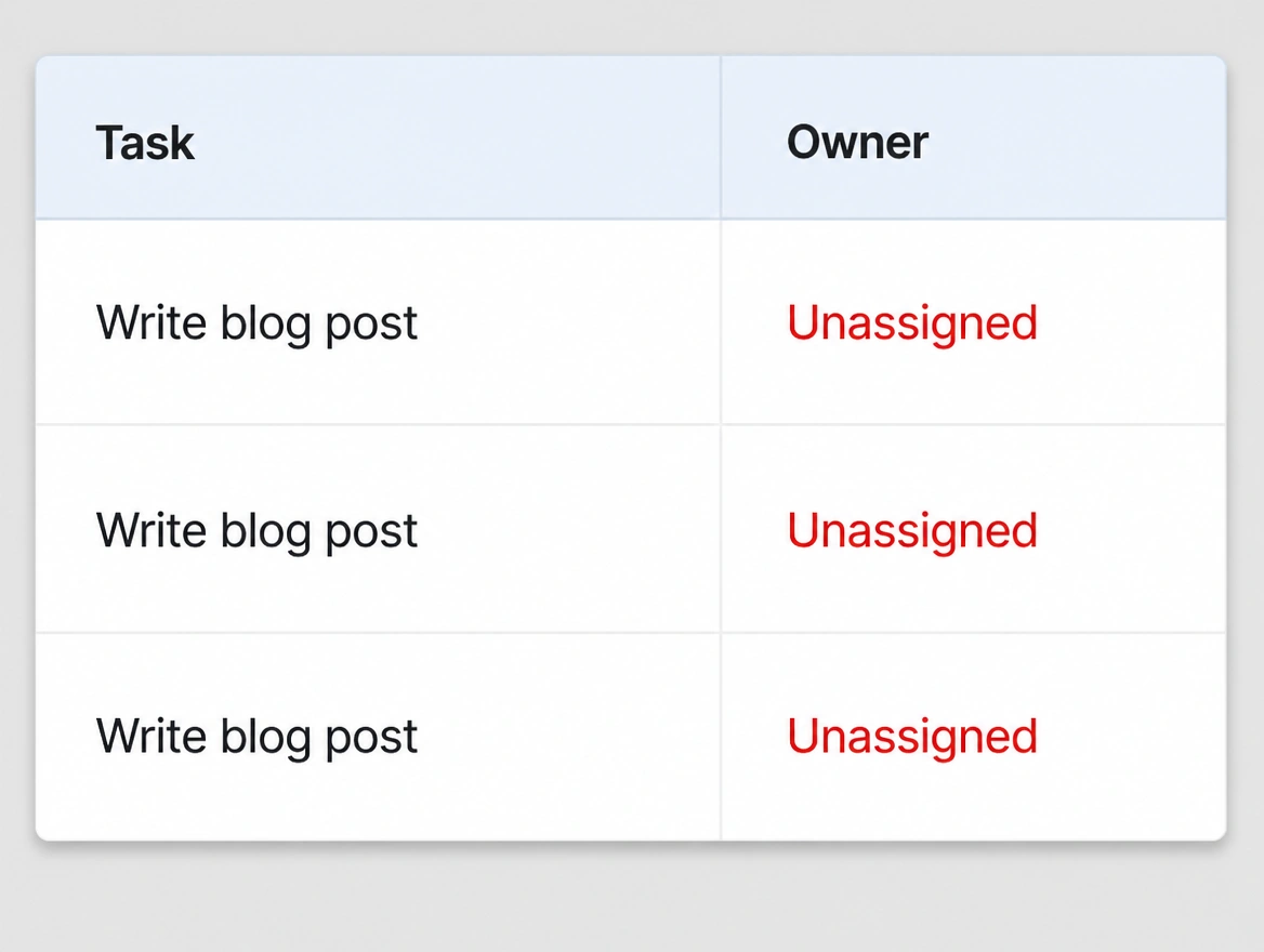 A task board where every writing card has no owner assigned