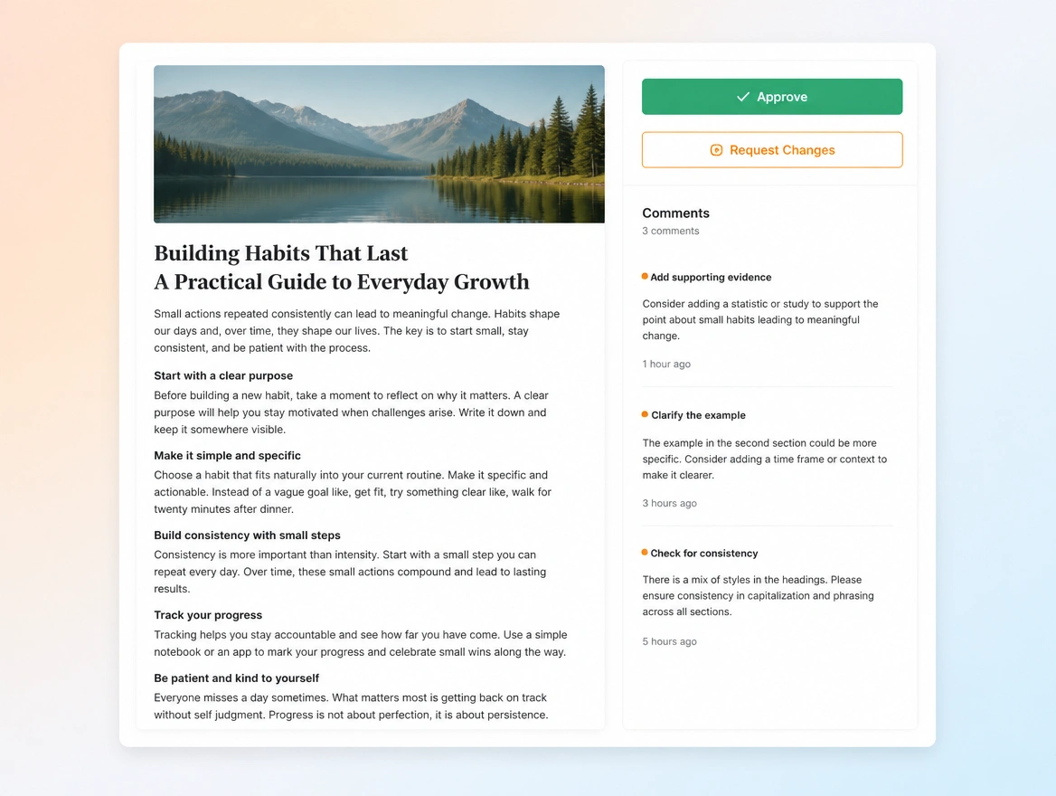 Website mockup showing approval before publishing