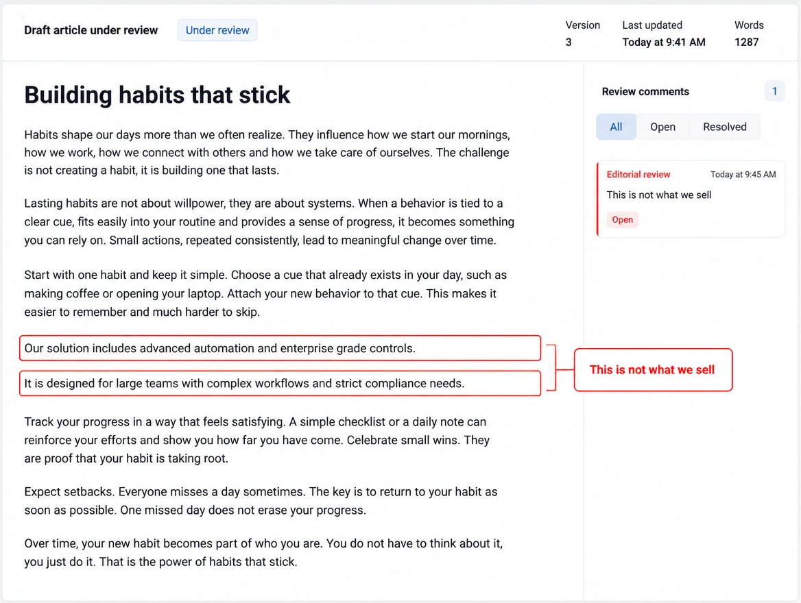 A draft article with sentences marked wrong by the client in red