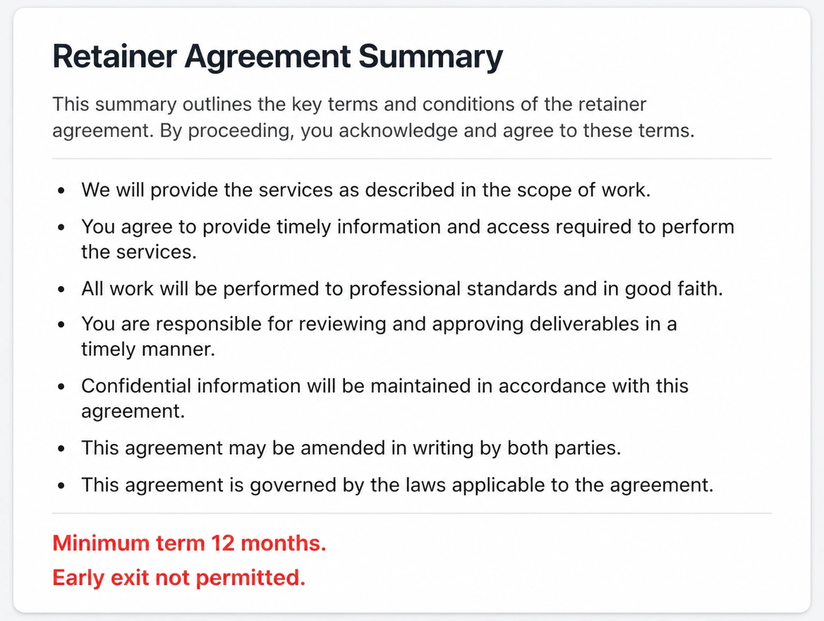 A retainer agreement summary showing a twelve month minimum term