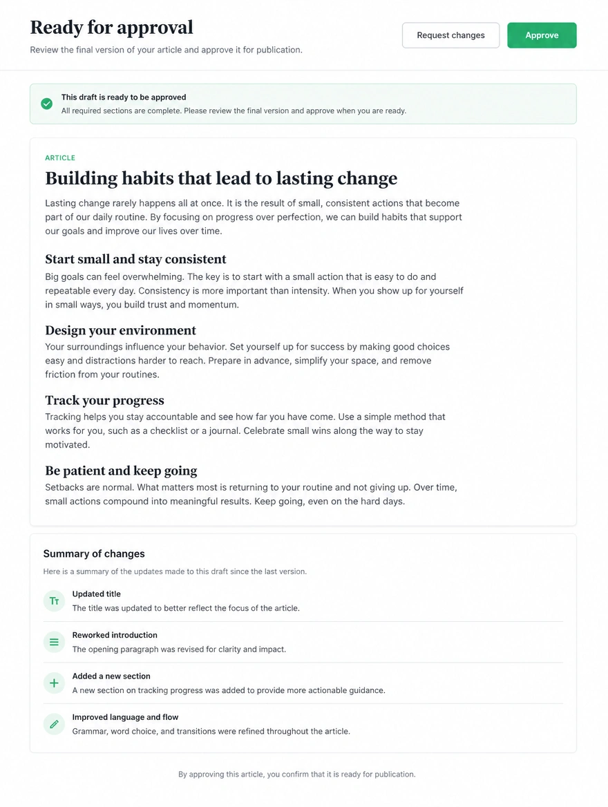 An approval screen showing an article draft ready to sign off