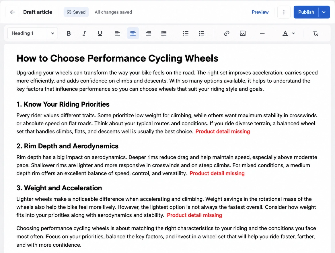 A draft page with red marks where product detail should be and is missing