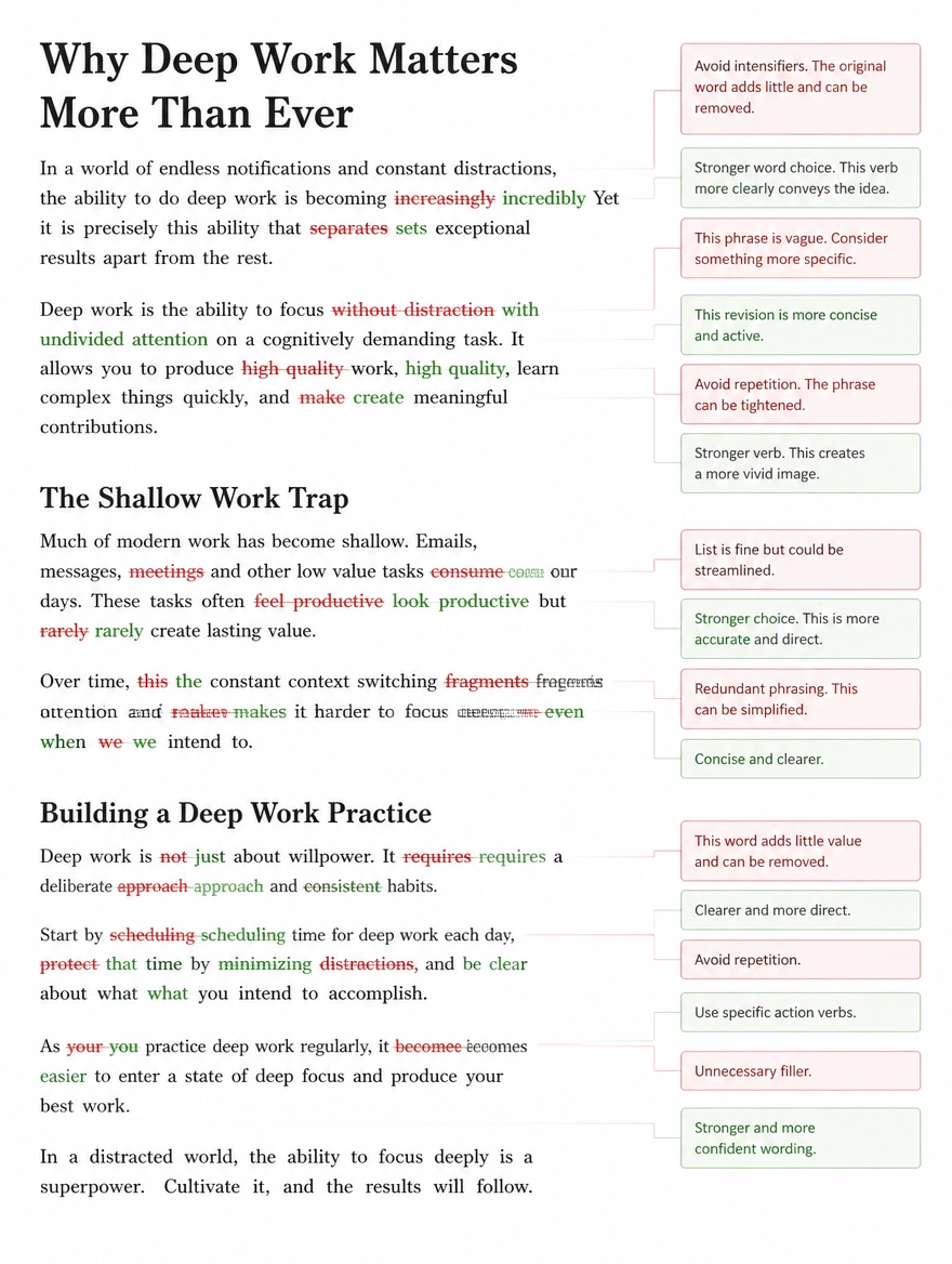 An article draft in an editor with tracked edits and margin comments