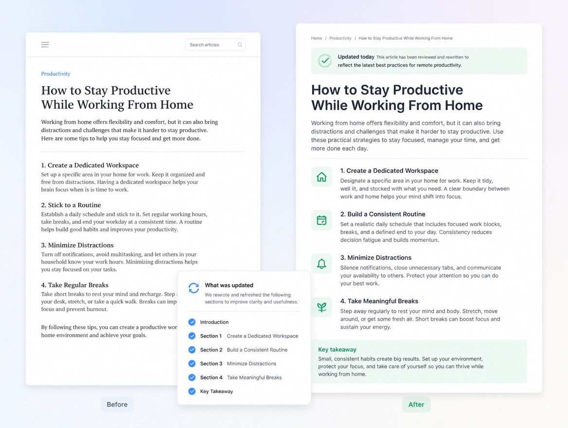 Website mockup showing refreshing old articles