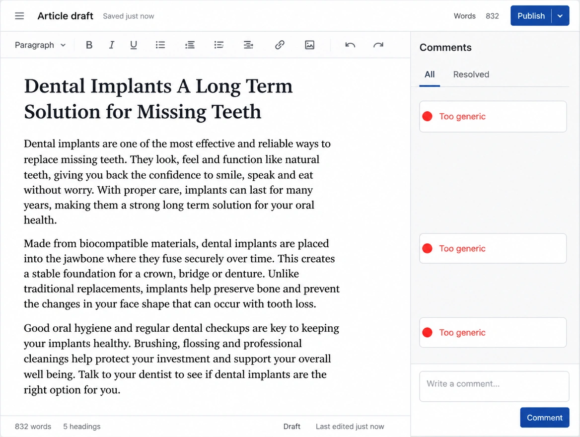 An article draft with generic paragraphs marked in red for saying nothing specific