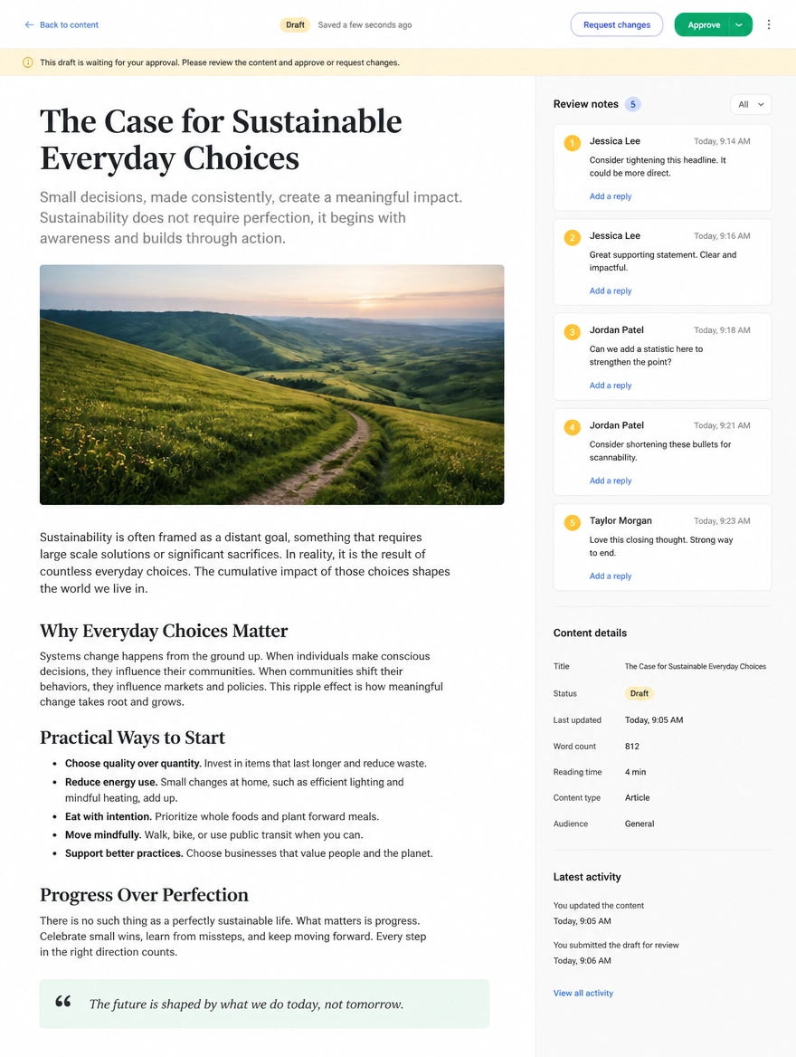A draft article page waiting for approval with comments beside it