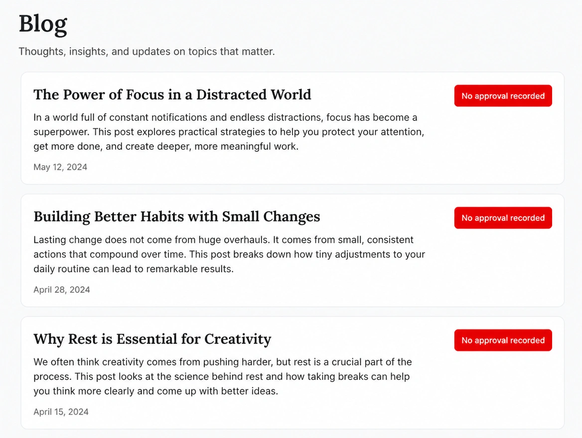 A blog index showing new posts published with no approval step, marked in red