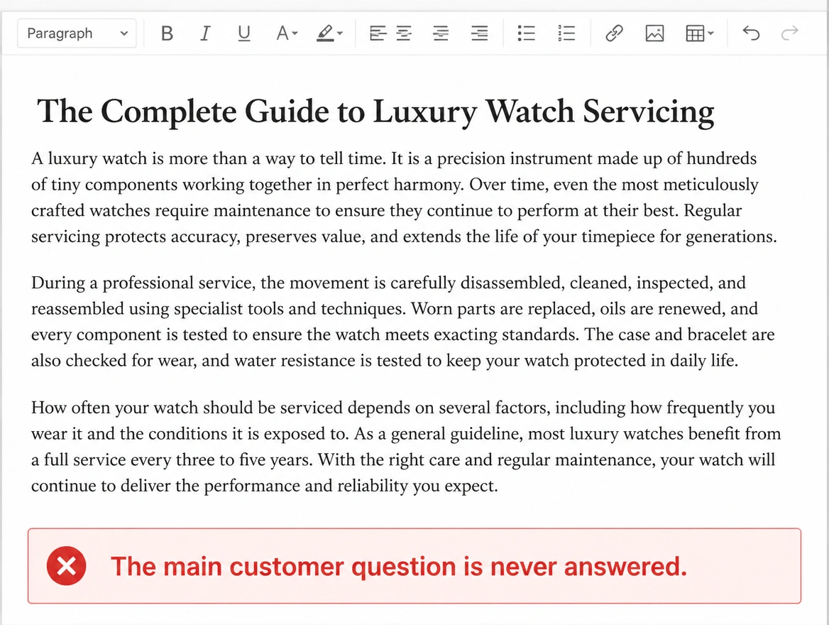 A draft article with a red note showing the main customer question unanswered
