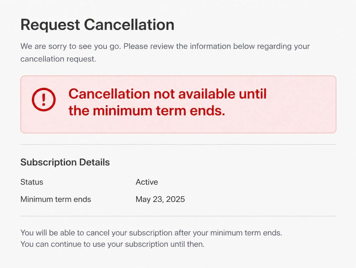 An agreement summary showing a twelve month term and a cancellation charge in red