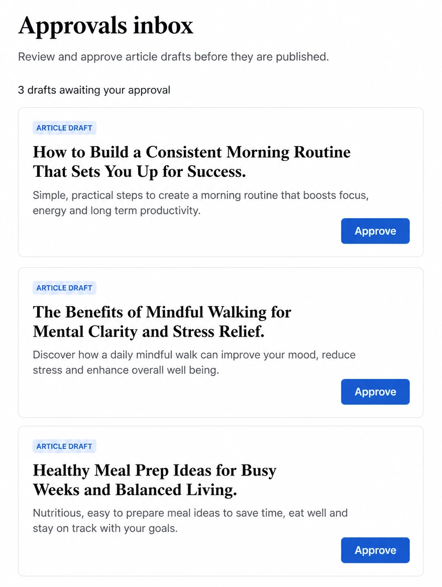 An approvals inbox holding three drafts each with an approve button