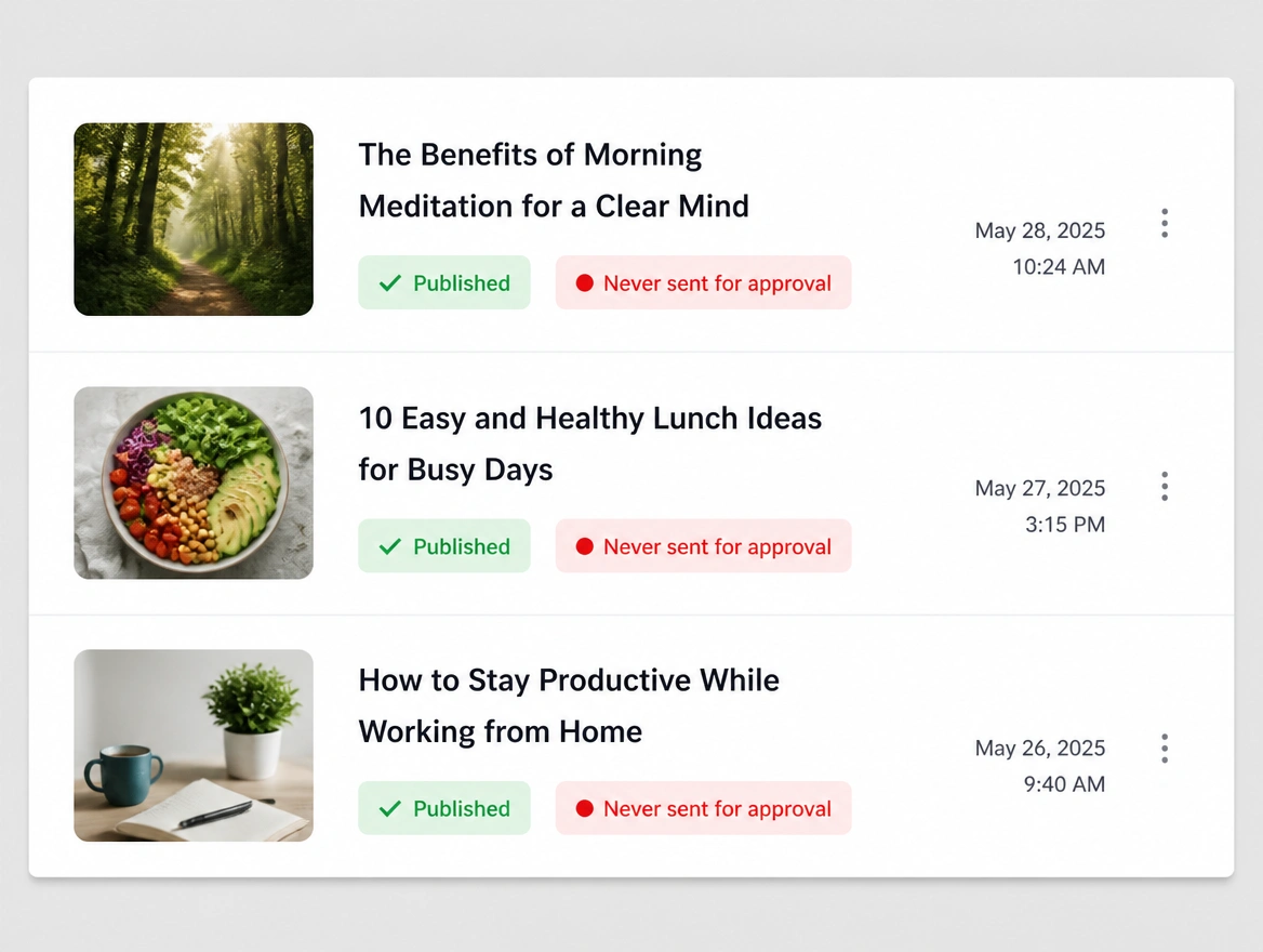 A site feed showing articles published without being sent for approval
