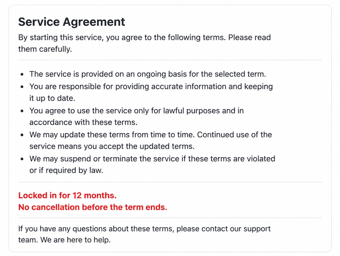 A service agreement showing a twelve month lock-in and no cancellation