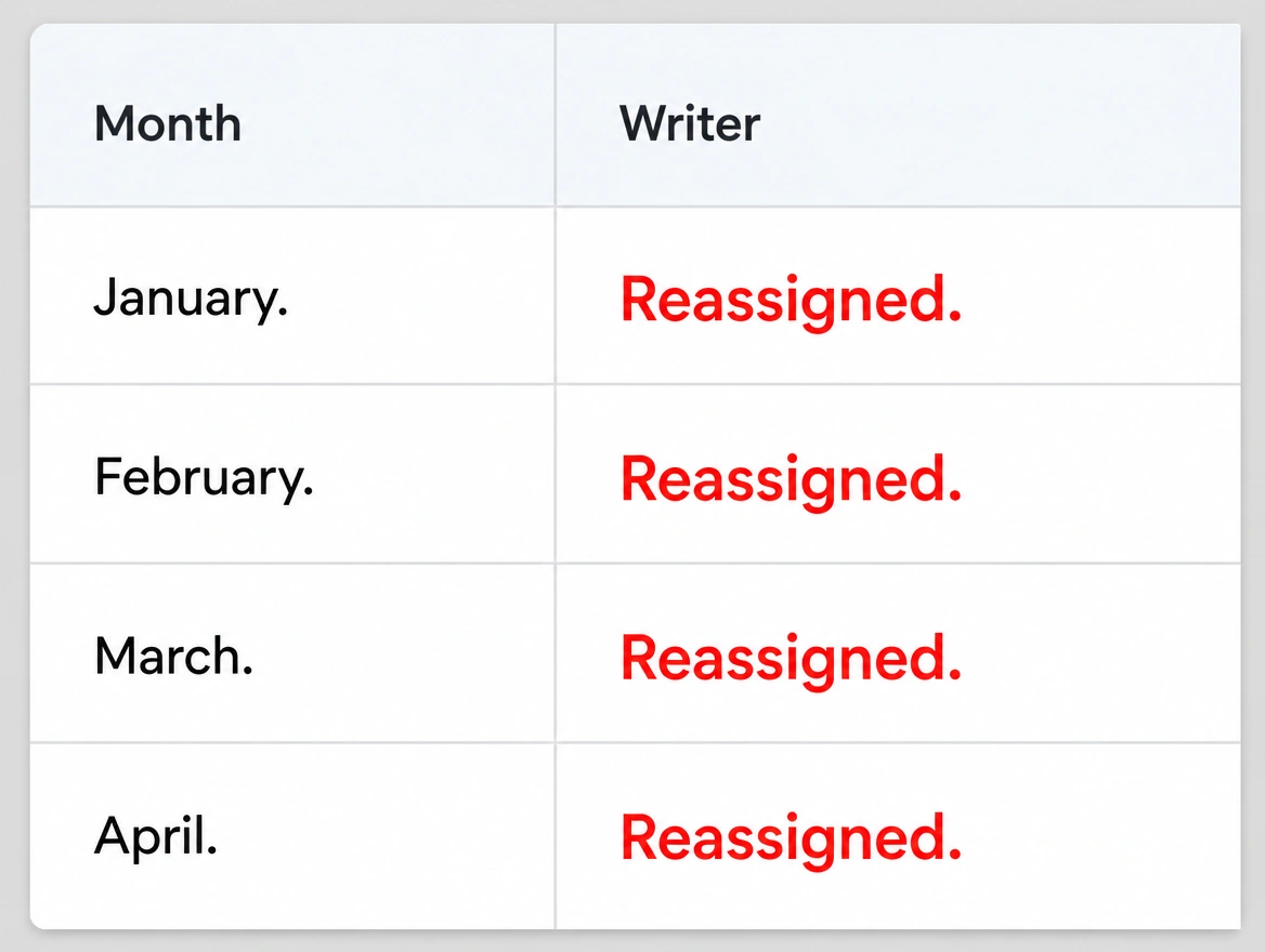 An account panel showing the writer reassigned every single month