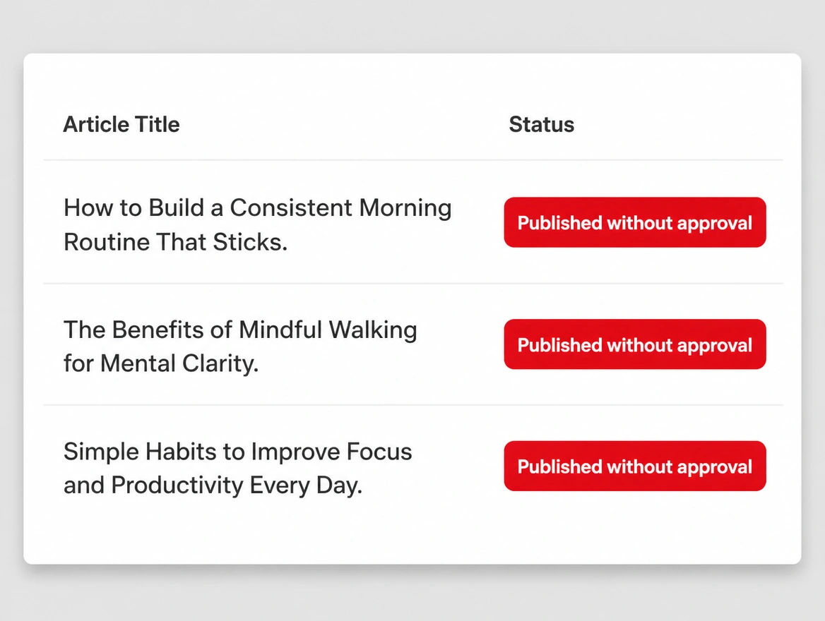 A publishing log where each article went live without approval