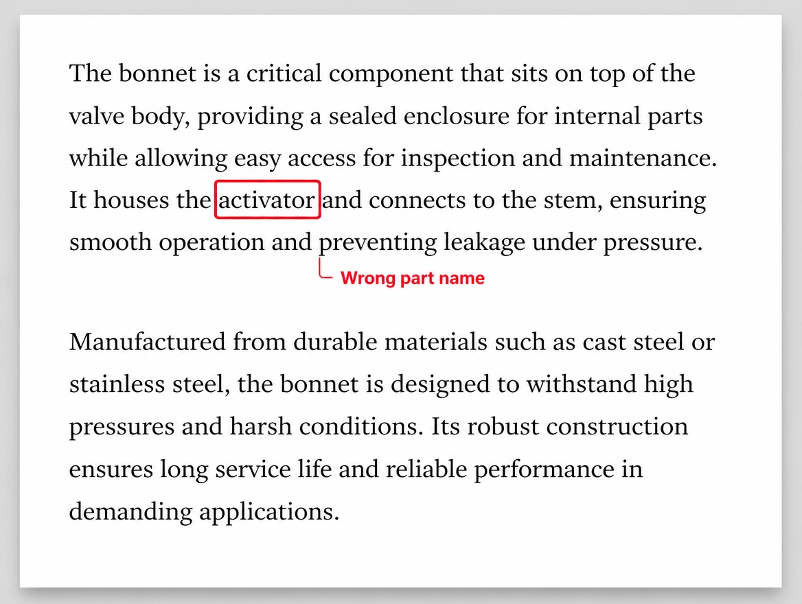 An article paragraph with a wrong part name marked in red