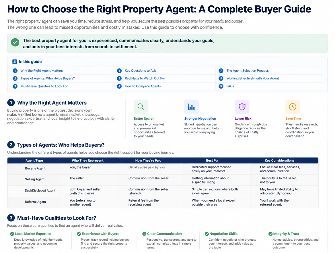 A complete buyer guide about choosing a property agent with a contents list and comparison table