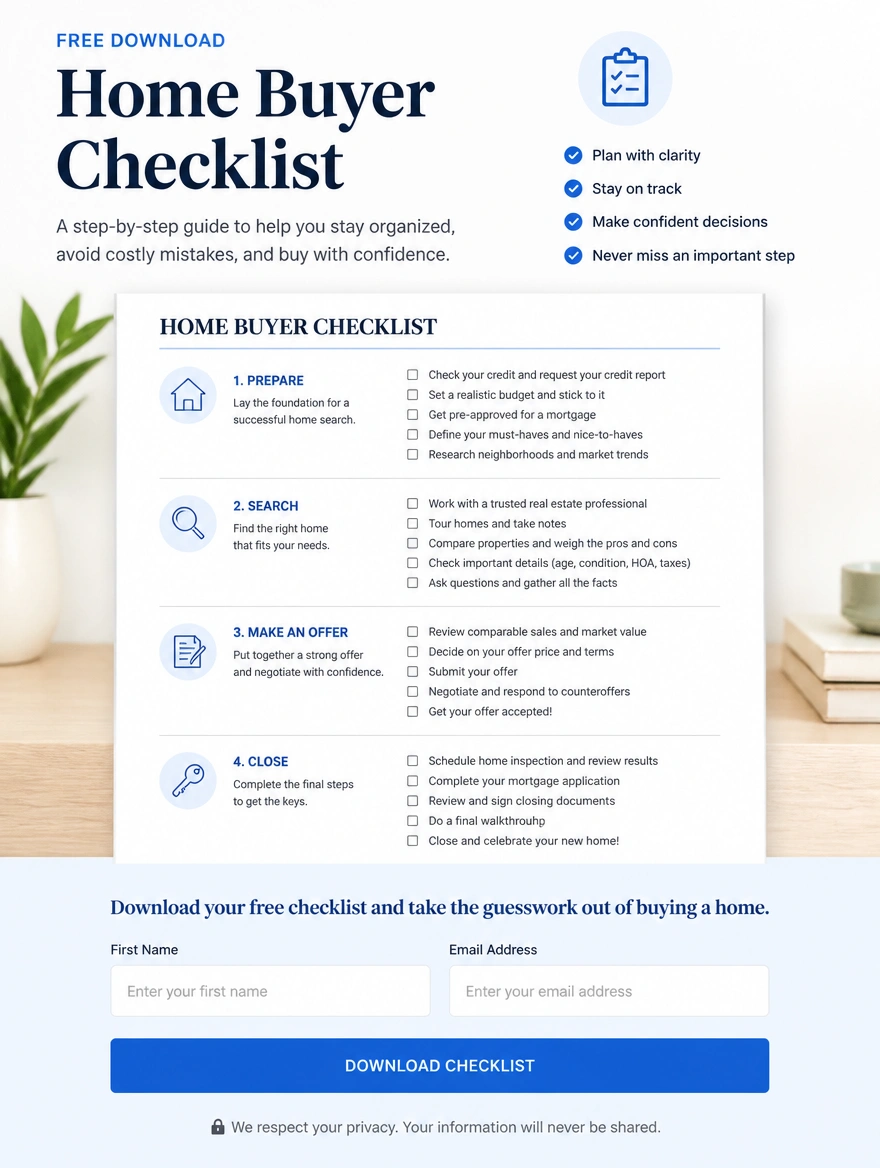 A free buyer checklist download page with a preview above a short form