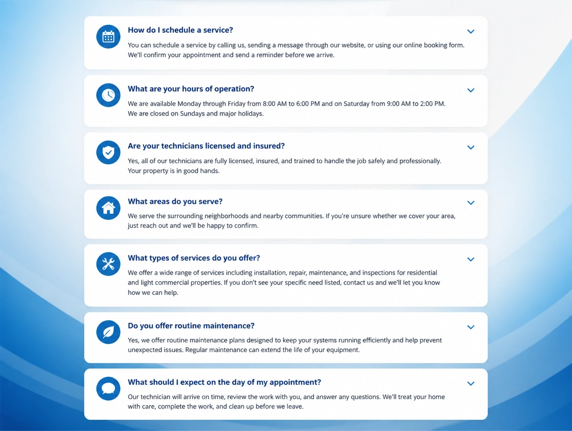 Website mockup showing common questions