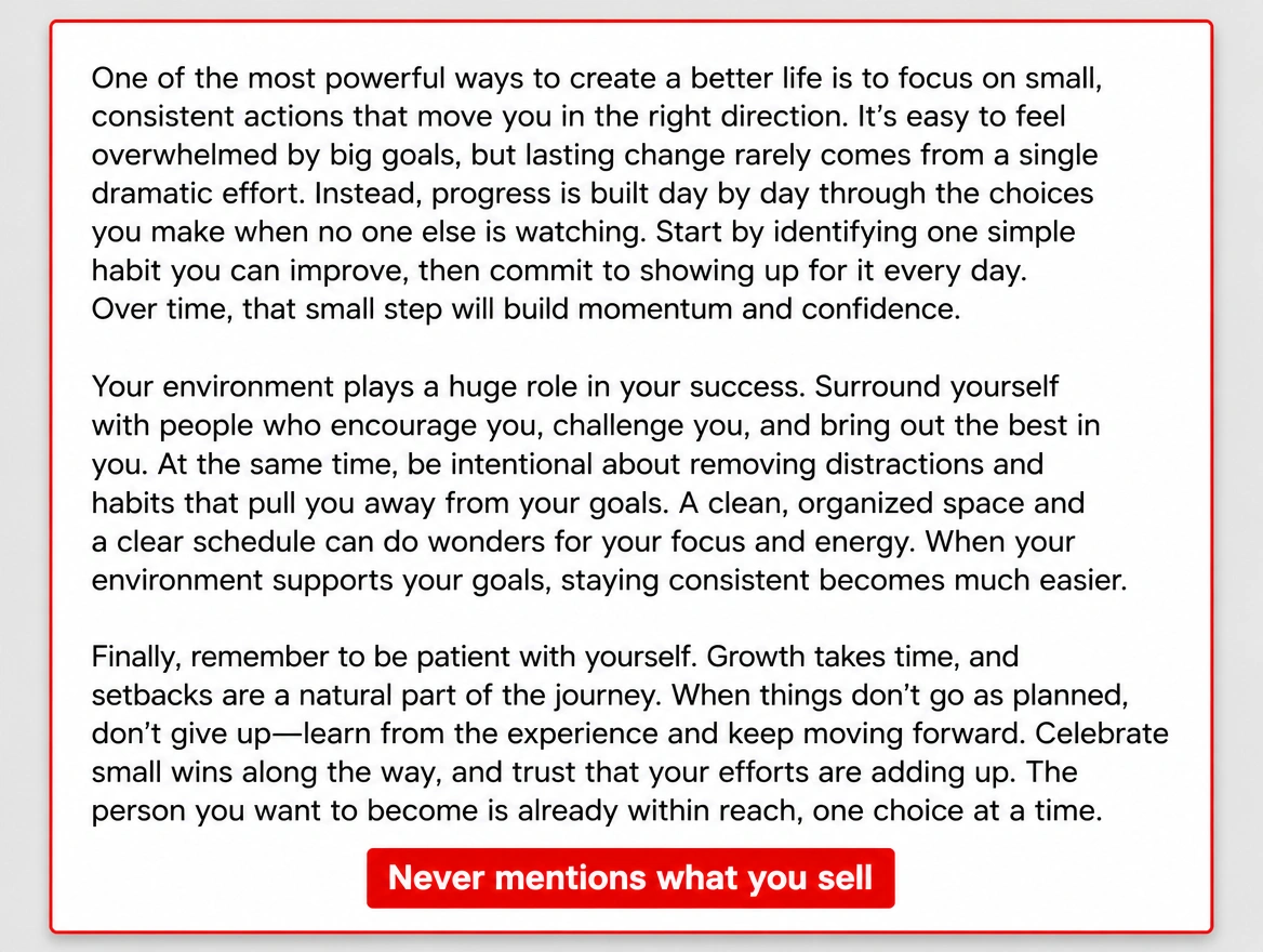 A general advice article outlined in red and labelled as never mentioning what you sell