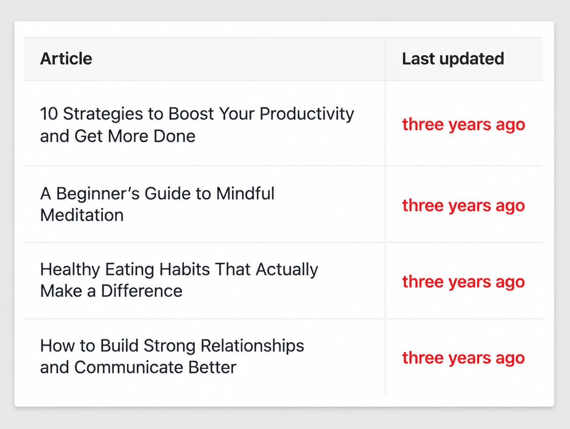 A page list whose last updated column reads three years ago in red on every row