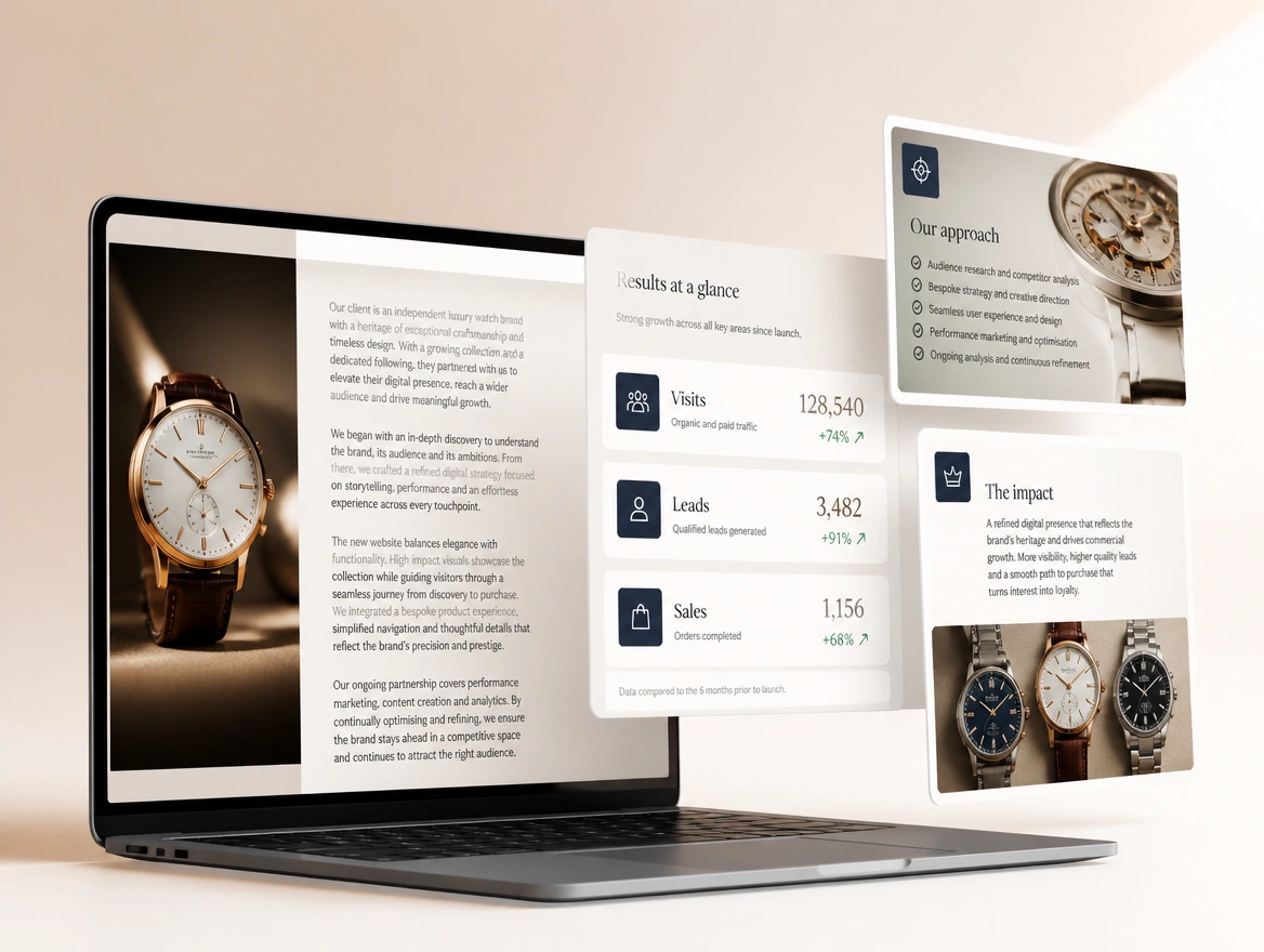 Website mockup showing case studies