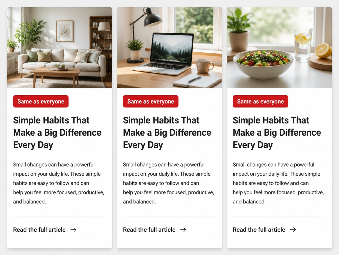 Three article cards carrying almost identical headlines