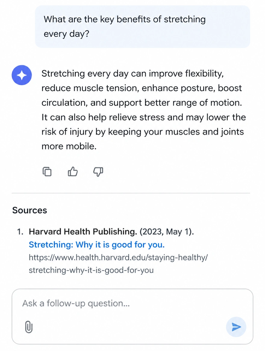 An AI assistant answer citing a published article as its source