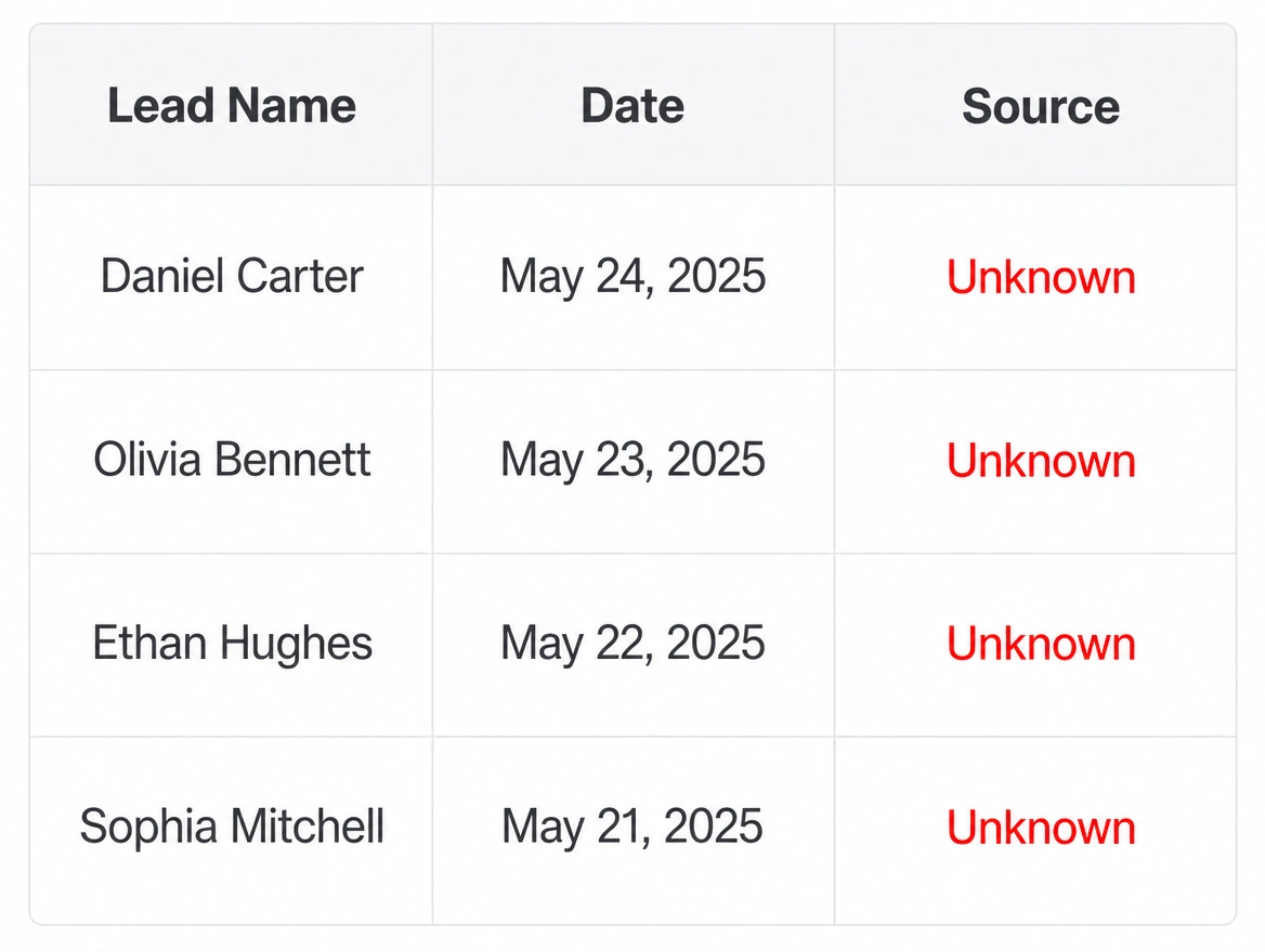 An analytics report where the source of every lead is unknown