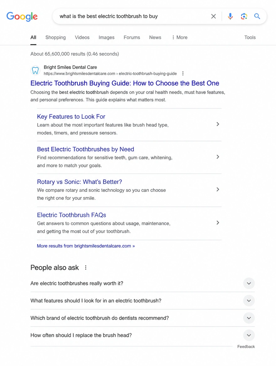 A search results page with a guide article ranked first