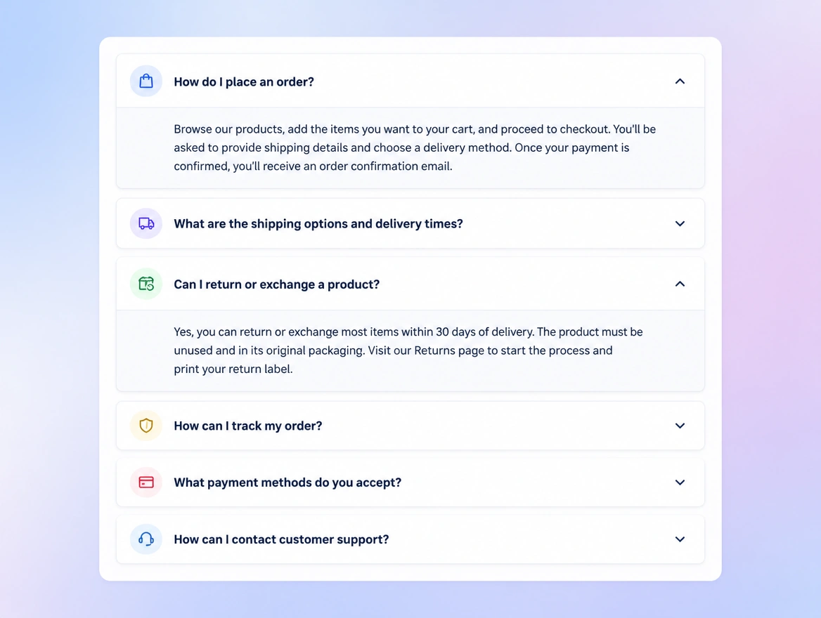 Website mockup showing faq pages