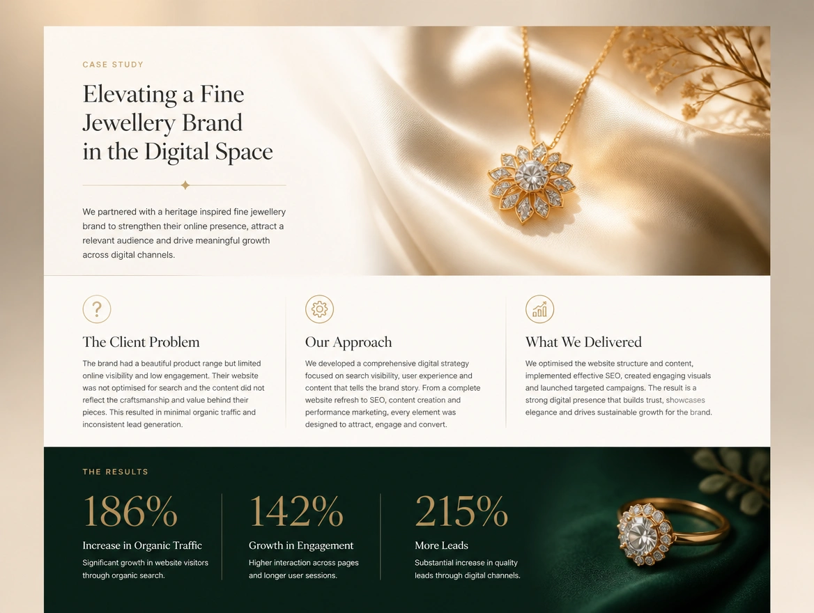Website mockup showing case studies