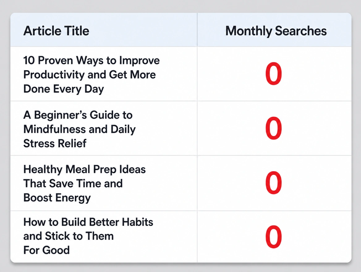 An article list where every piece shows no search demand behind it